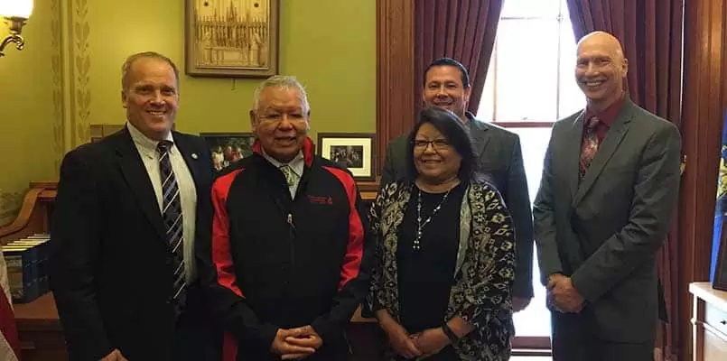 (l-r) Wisconsin Attorney General Brad Schimel, FCP Chairman Harold “Gus” Frank, Tribal Secretary Lorna Shawano, former Executive Council Member James Crawford and Deputy Attorney General Aaron Loomis
