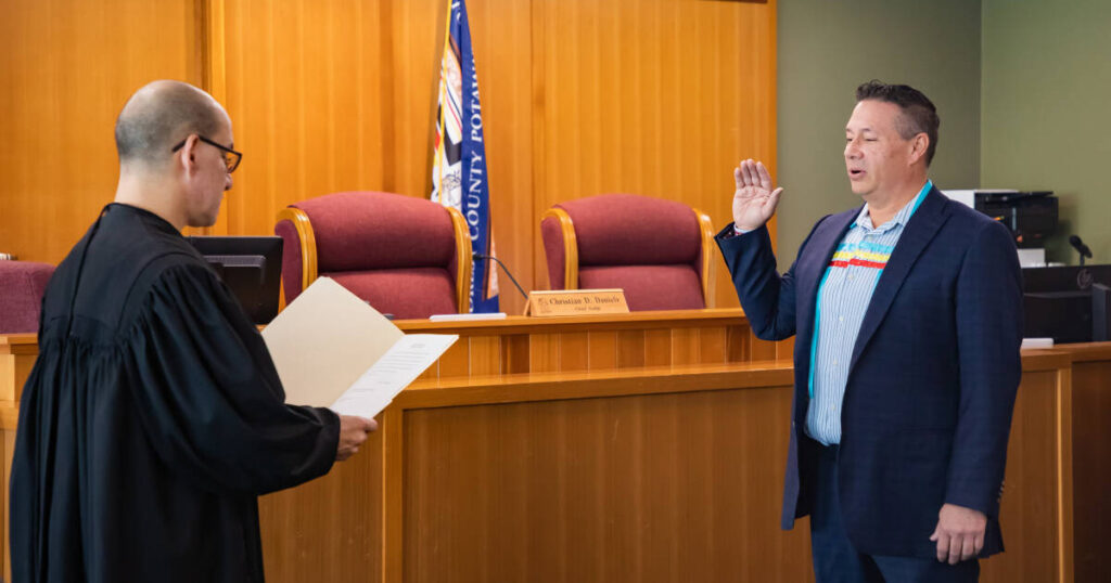 Surrounded by family and community, newly-elected FCP Chairman James A. Crawford was sworn in by Chief Judge Christian D. Daniels on Feb. 13, 2023, in the FCP Tribal Courtroom.